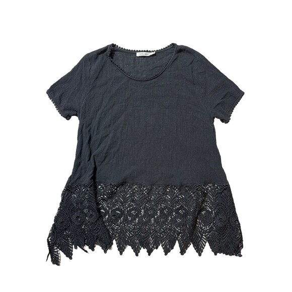 Solitaire Tops - Womens XL Black Linen Top With Lace Trim Goth Fairygoth Cottagecore Lightweight